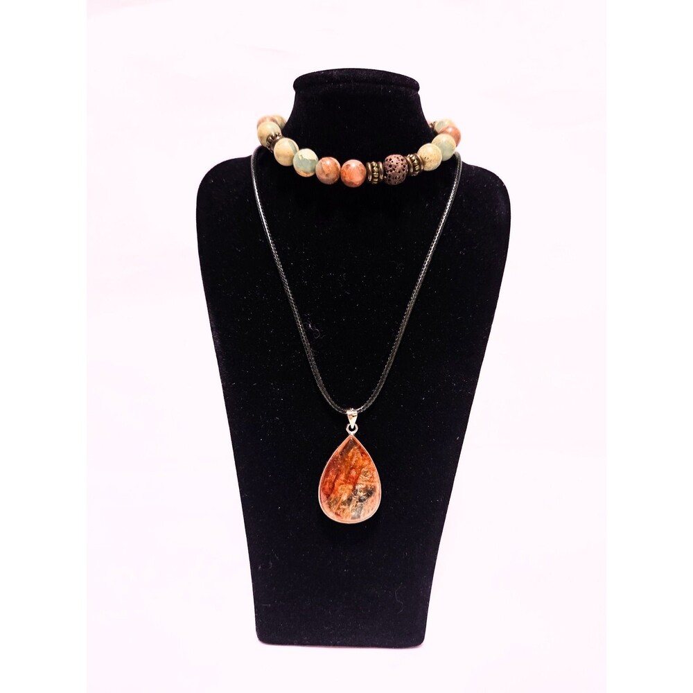 Fashion Jewelry Necklace & Bracelet Set Teardrop Pendant Beaded Stretch Bracelet